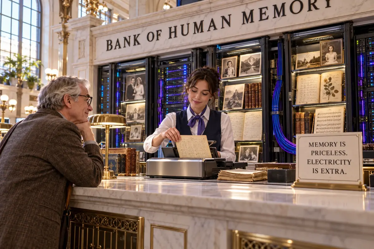 A bank teller scans a ledger beside server racks holding photographs and books. A sign reads: Memory is priceless. Electricity is extra.