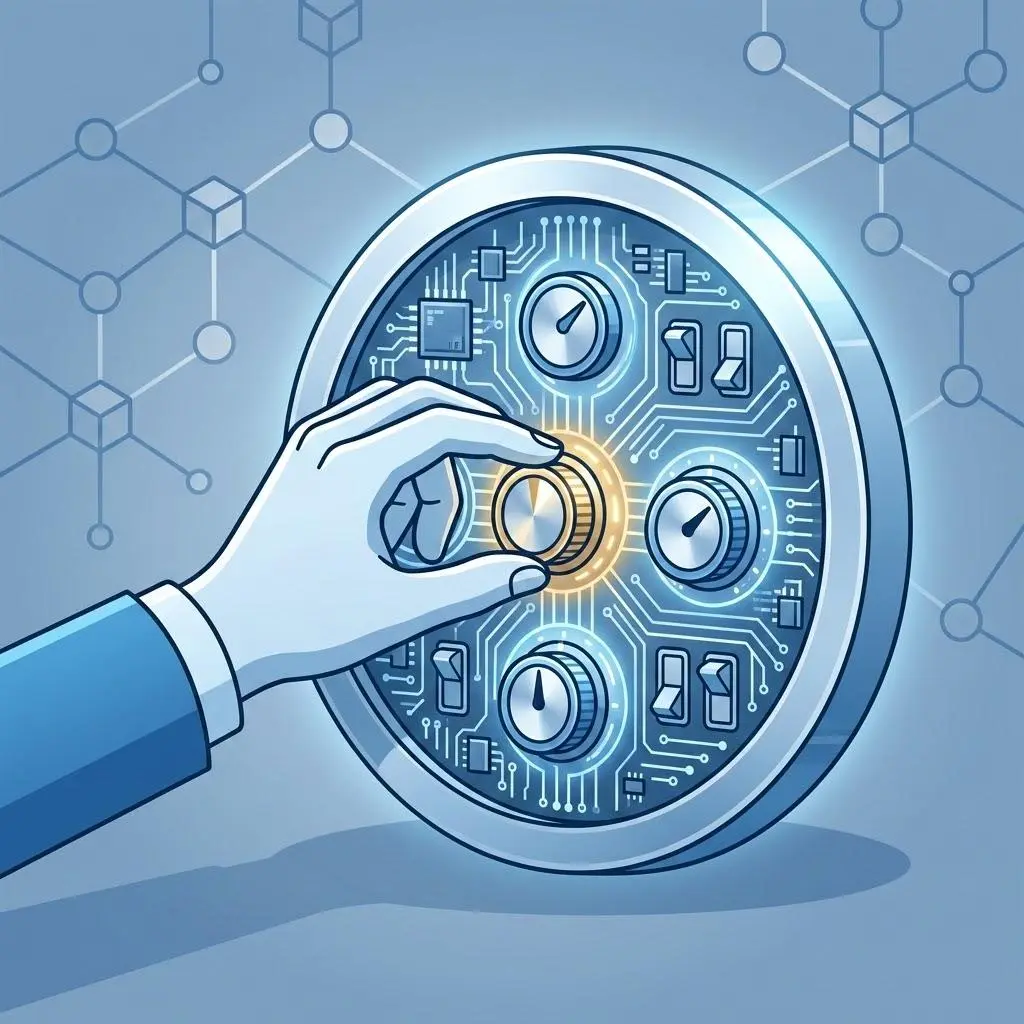 Illustration of a hand configuring dials on a circuit-covered dial pad, representing the programmable design choices behind a stablecoin