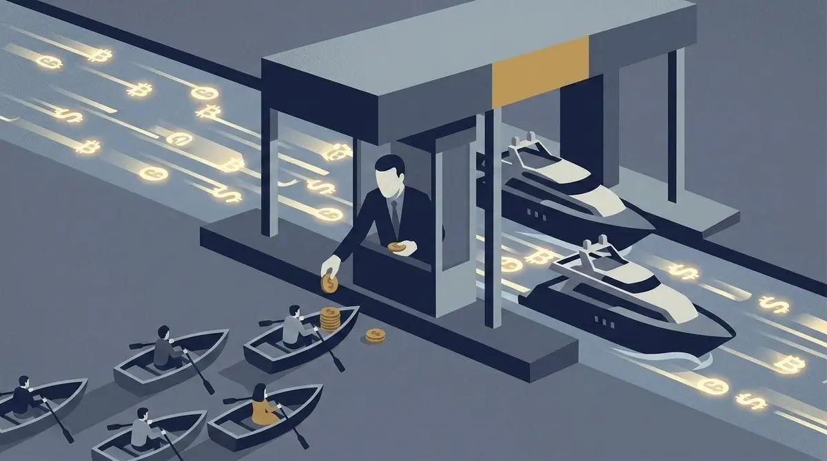 Illustration of a tollbooth operator collecting coins from rowboats while superyachts pass freely through, representing unequal access to payment rails