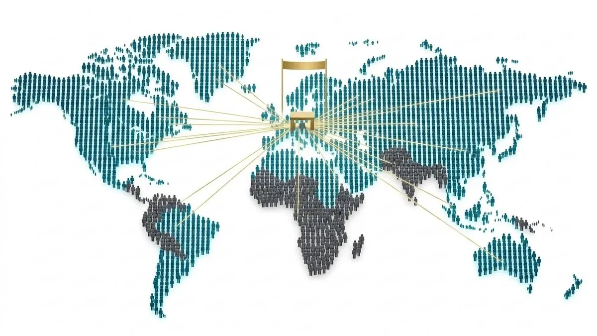 World map made of human figures connecting to a single empty chair, representing the 1.3 billion adults excluded from the formal financial system