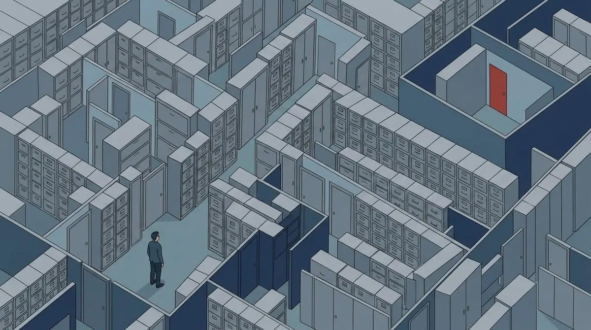 Isometric illustration of a person lost in a maze of filing cabinets with a single red door, representing opaque de-risking decisions with no appeal