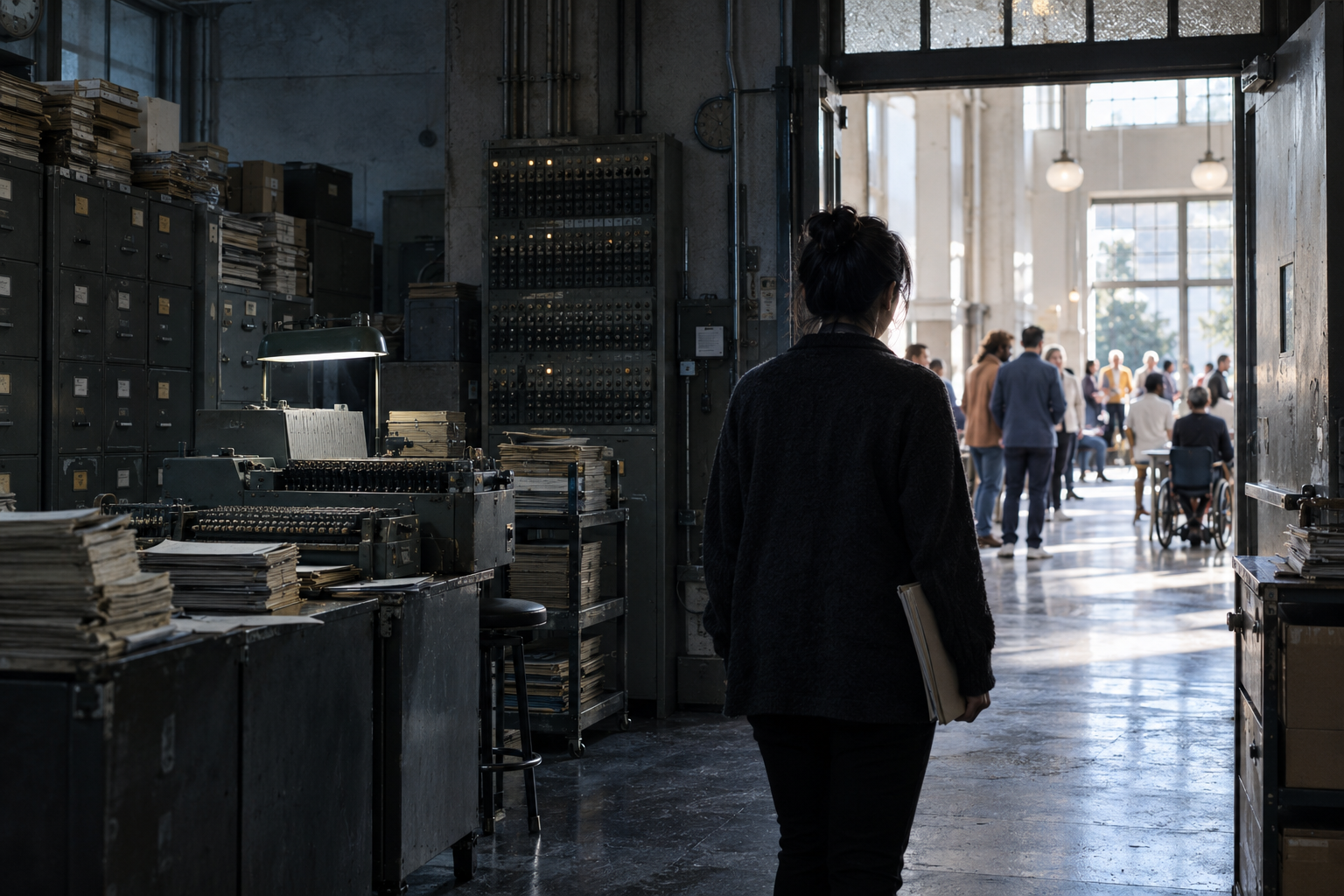 A person stands between an obsolete records room and a bright public gathering.