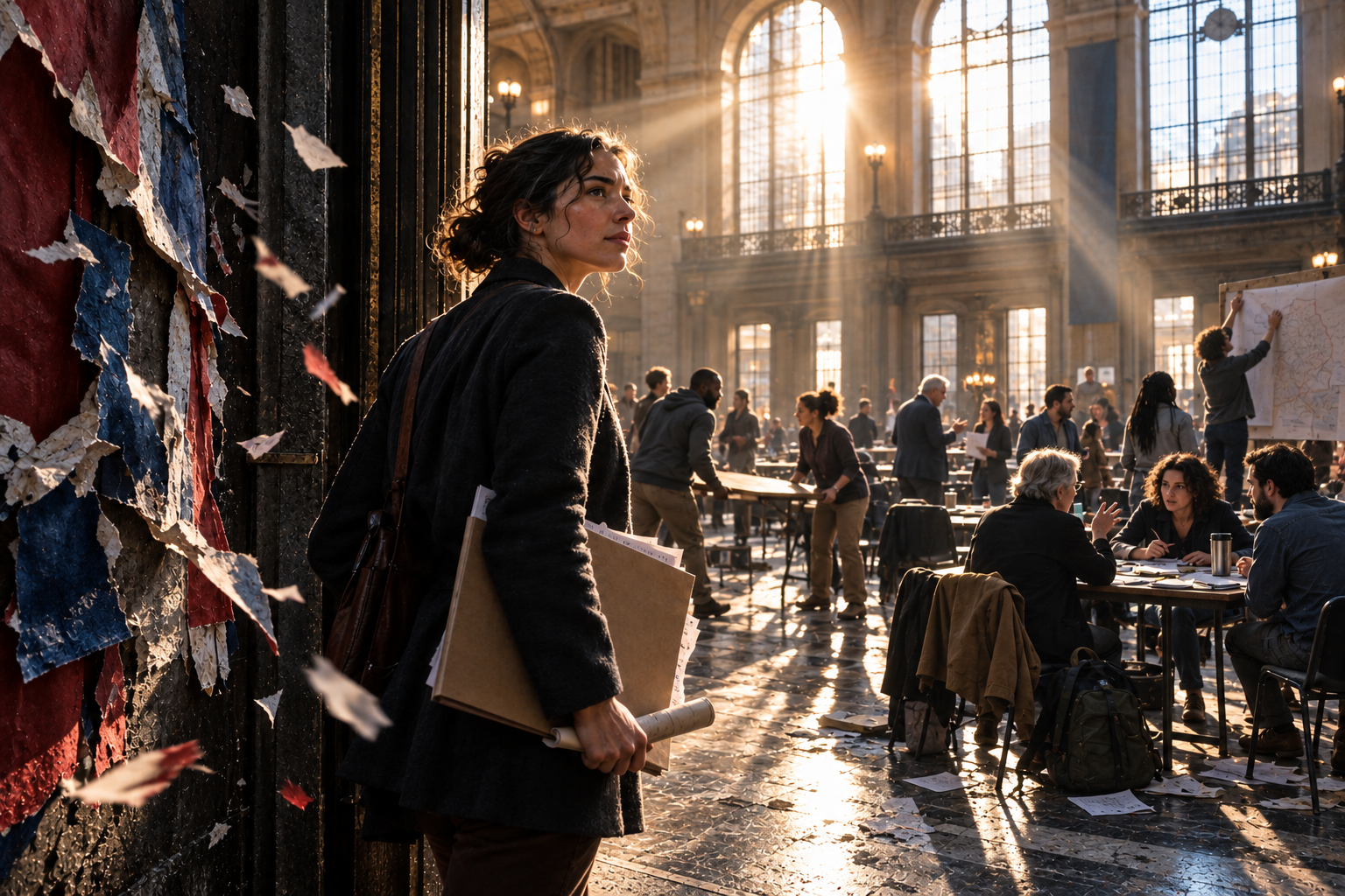A woman carrying a folder stands at the threshold of a sunlit civic gathering as people build a circle of tables and chairs while torn political colors pull apart behind her.